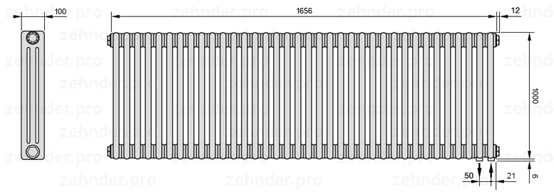Схема (чертеж) Радиатор Zehnder Charleston 3100/36 №5510 Белый глянцевый RAL 9016